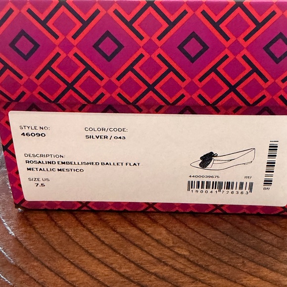 Tory Burch Rosalind Metallic Silver Ballet Flats with Rhinestone Bow - Picture 10 of 11